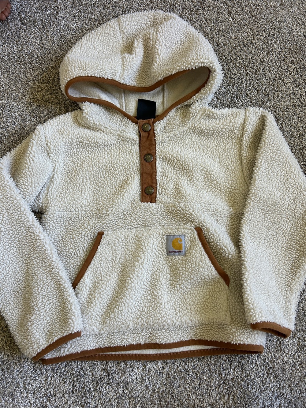 Carhartt Kids Cream Sherpa Hoodie with Brown Trim Accents